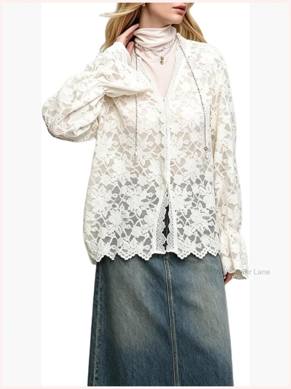Lace Hollow Out Blouse Long Sleeve Flowy Mesh Button Down Shirt